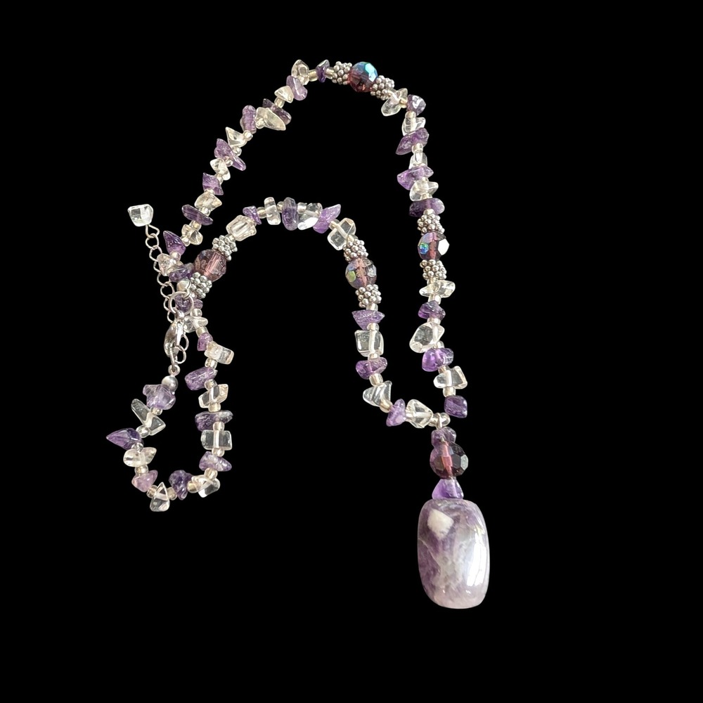 Vintage Purple Agate Quartz Stone Chip Beaded Drop Necklace Bohemian Adjustable